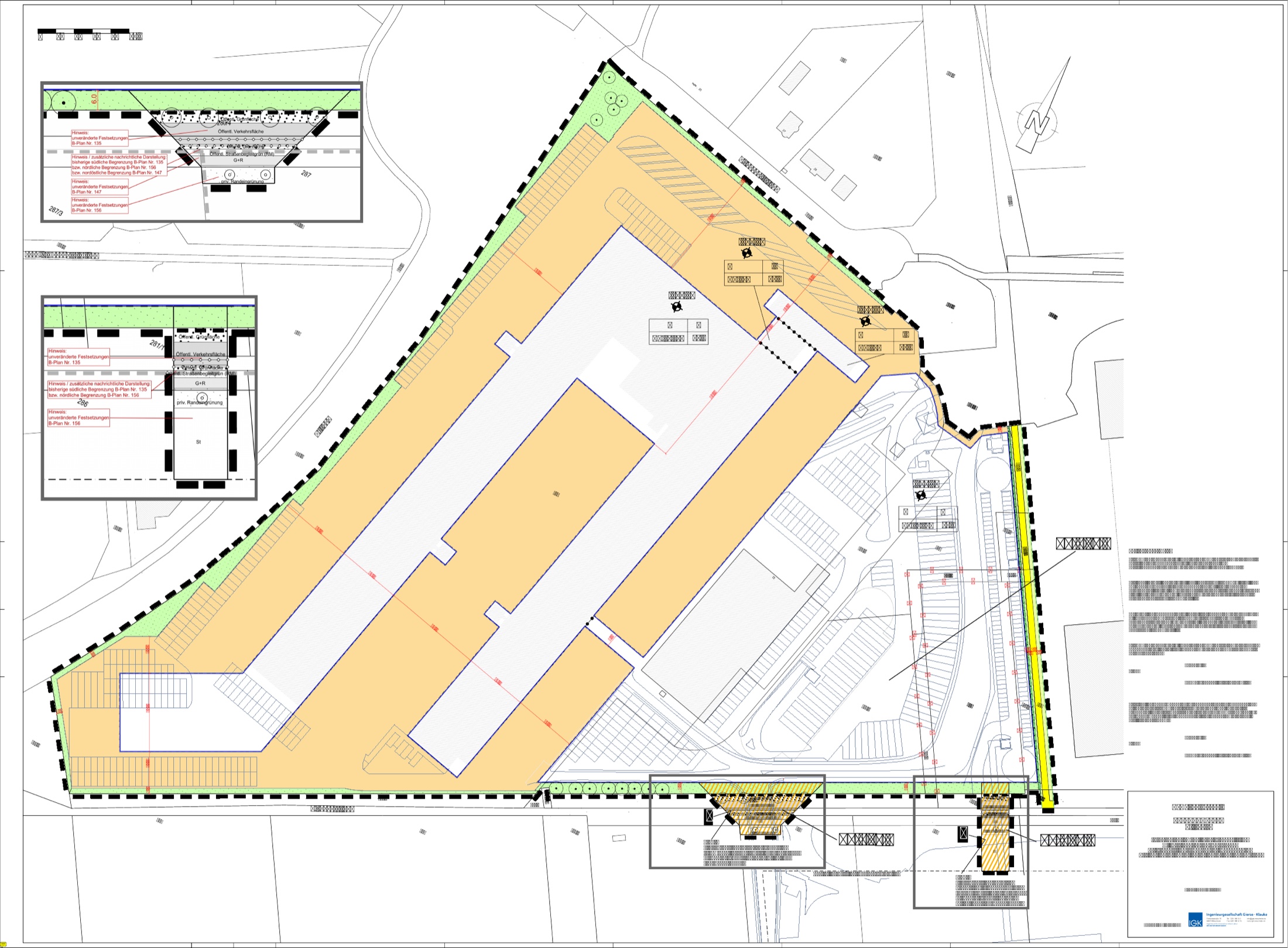 Planzeichnung der Erweiterung des Logistikzentrums in Aschheim mit Hallen, Verkehrsflächen und Randbegrünung